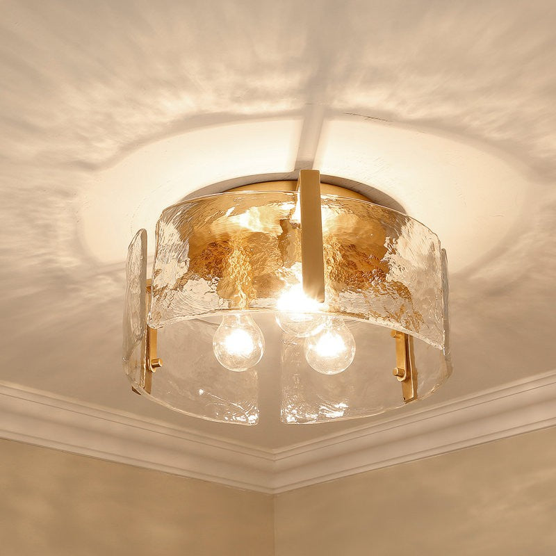 Hammered Water Glass Ceiling Light -  Gold Drum Flush Mount Light